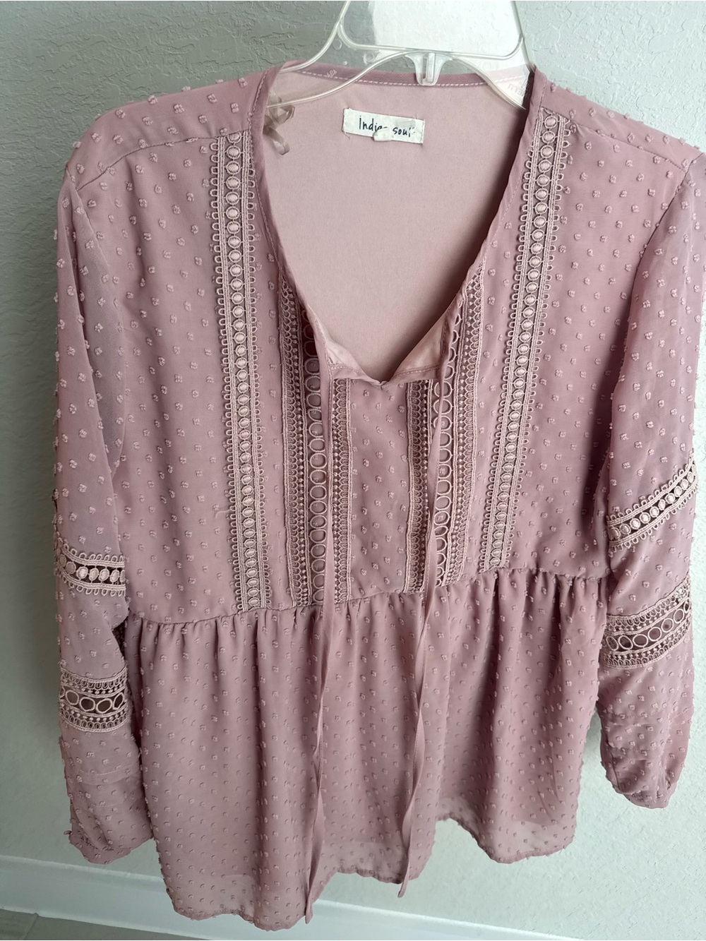 indigo soul Dusty Mauve Swiss Dot Lace-Trim Peasant Tunic